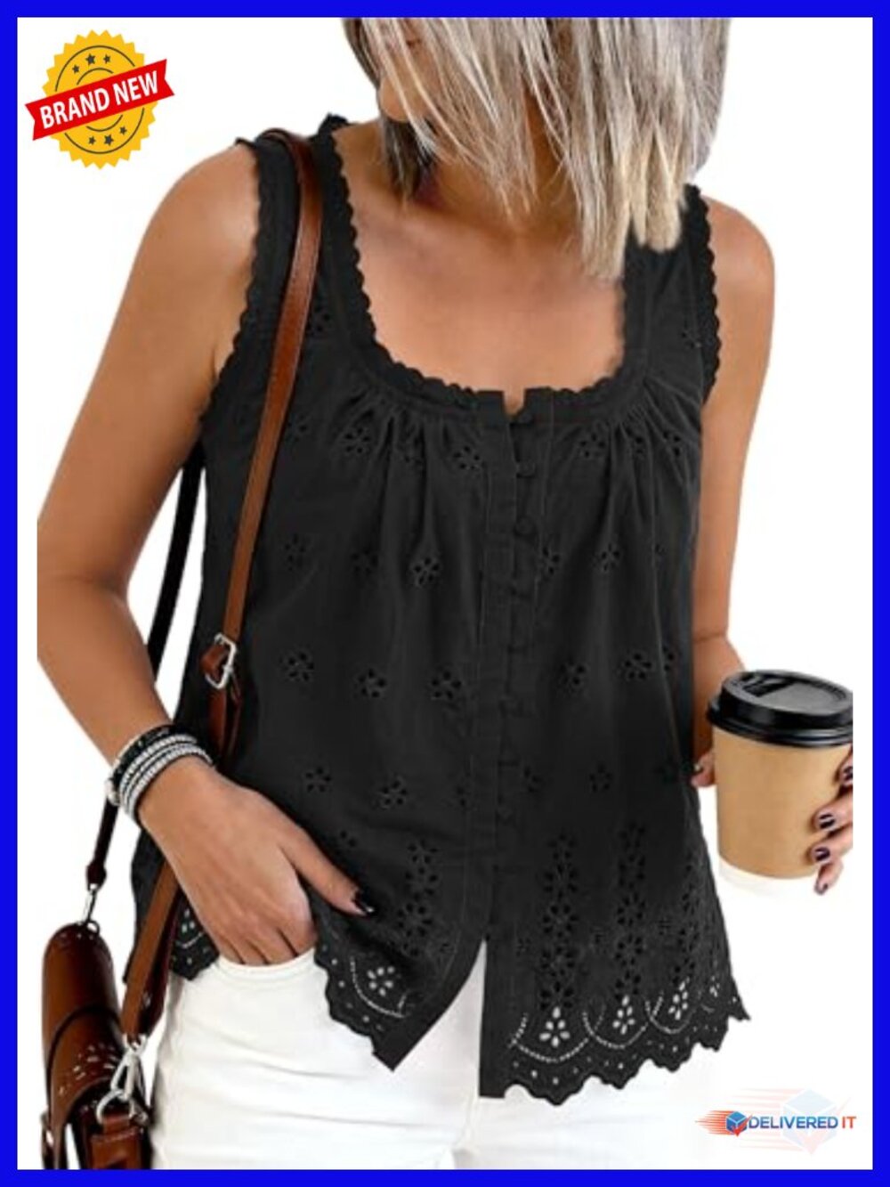 Women's Lace Tank Top Eyelet Embroidery Button Down Sleeveless Summer Top